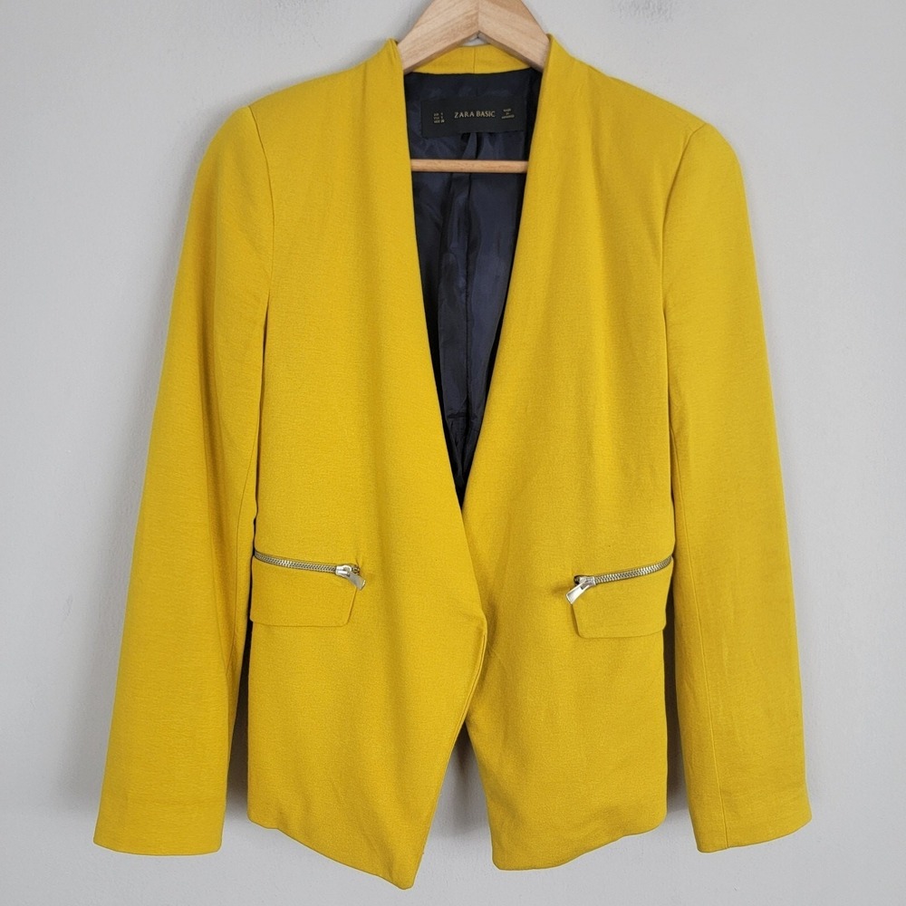 Zara Basic Blazer Women S Yellow Polyester Crop Zip Pocket Open Front LongSleeve